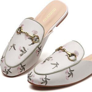 Floral Embroidered Buckle Mules Round Toe Backless Flat size 7 1/2